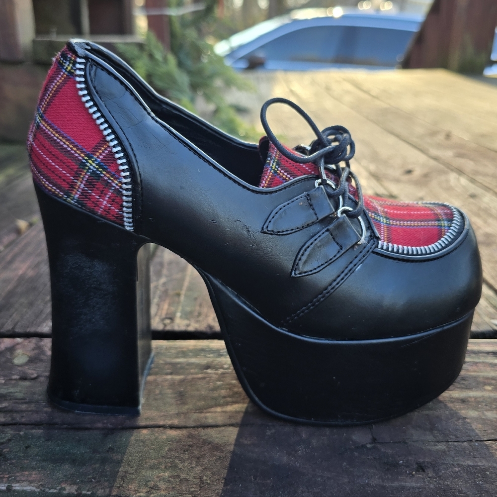 Demonia Womens Charade-12, Platform Pumps, Black, Red Plaid, Goth Emo Punk Sz 8 - Picture 9 of 14